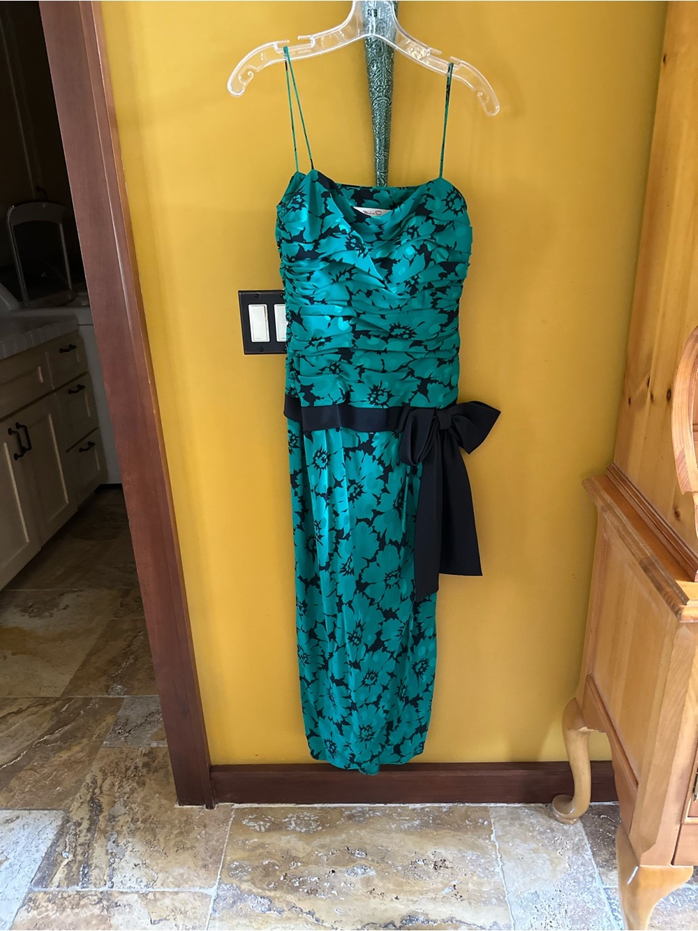 Green Floral 100% silk Couture Spaghetti-Strap Dress with Black Bow